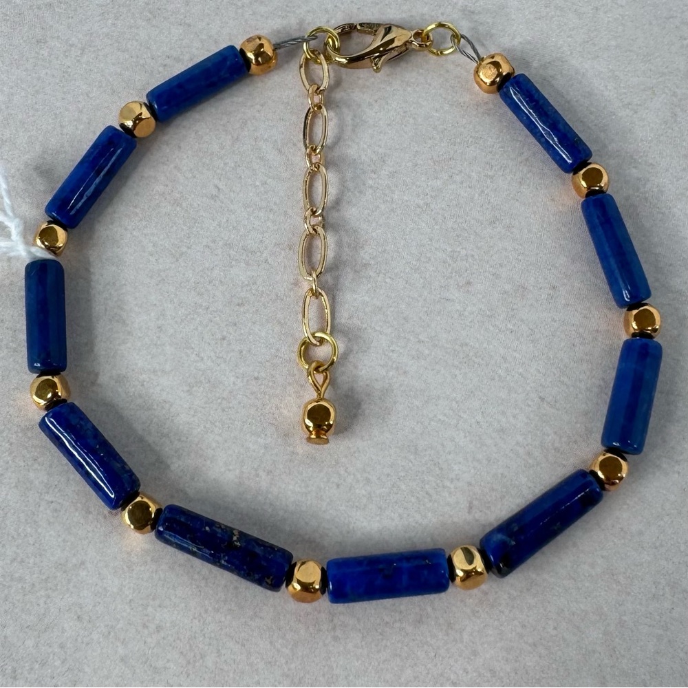HAND CRAFTED BRACELET Lapis Lazuli Tubes Gold Spacers Lobster Claw Clasp NWT - Picture 4 of 15